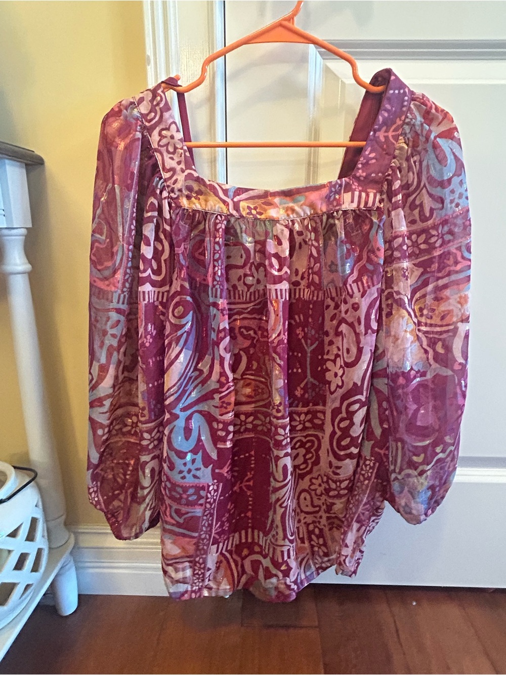 CJ Banks Sheer Paisley Peasant Blouse in Magenta and Teal